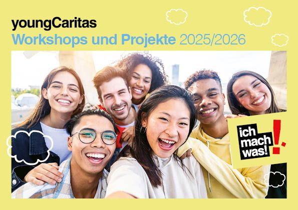 Eine Gruppe junger Menschen, die fröhlich zusammen posieren. Sie repräsentieren die Workshops und Projekte von youngCaritas für 2025/2026.
