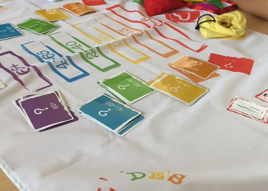 Auf einem Tisch liegt ein Brettspiel mit bunten Karten in verschiedenen Farben und Fragezeichen. Einige Spielsteine und Beutel sind ebenfalls sichtbar.